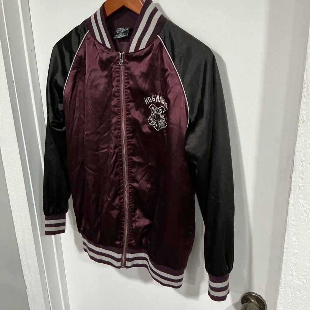 Harry Potter Hogwarts Embroidered Varsity Bomber Jacket Burgundy, Medium, Satin - Picture 2 of 12